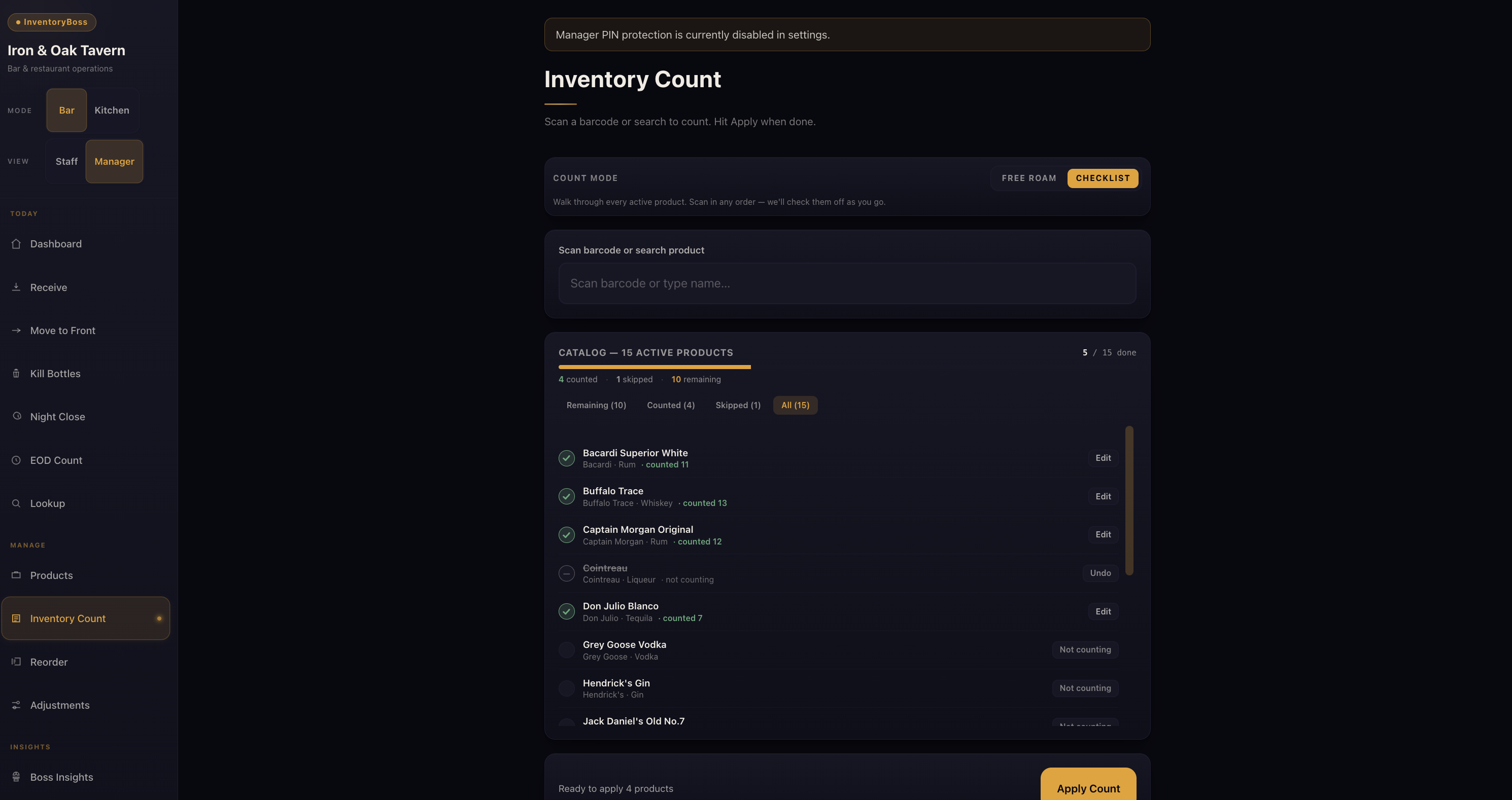 Count screen with checklist mode showing products to be counted