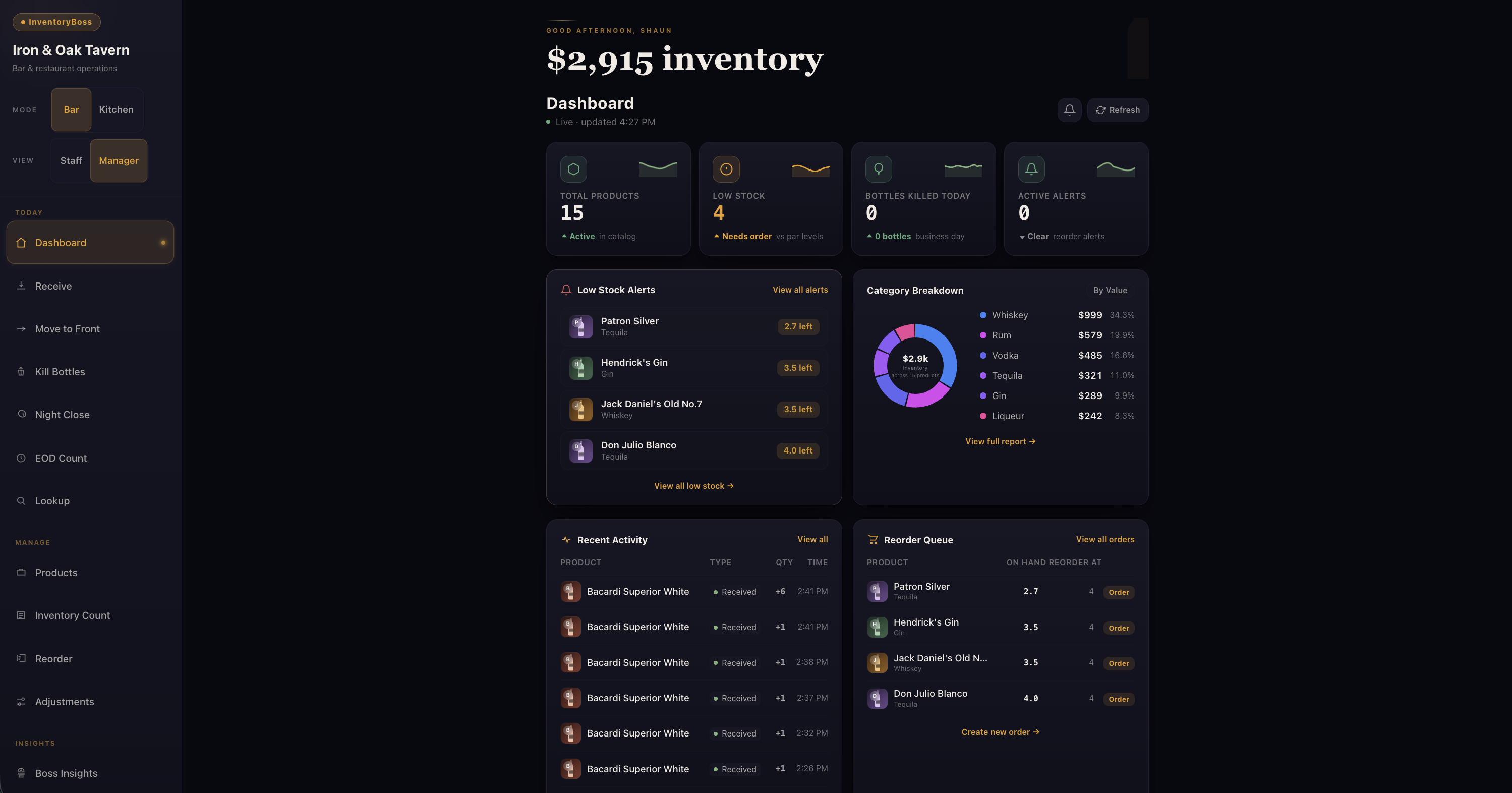 InventoryBoss dashboard — KPI tiles, category breakdown, and live activity, running with real bar data